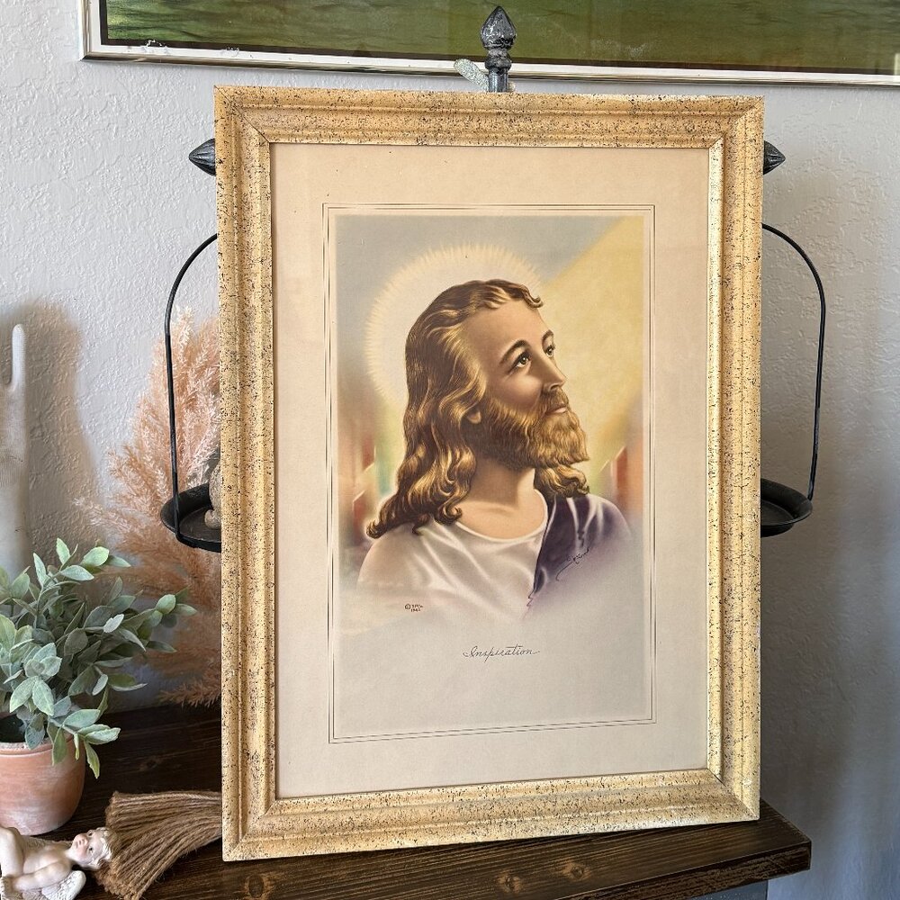 1942 "Inspiration" Portrait of Jesus Christ Lithograph Framed